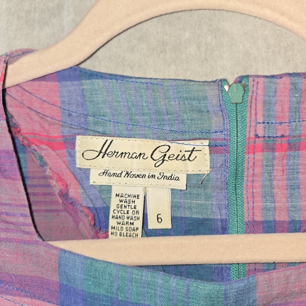 Vintage Herman Geist Pink Purple Blue Plaid Midi Linen Cottage Dress Size Small - Picture 2 of 5